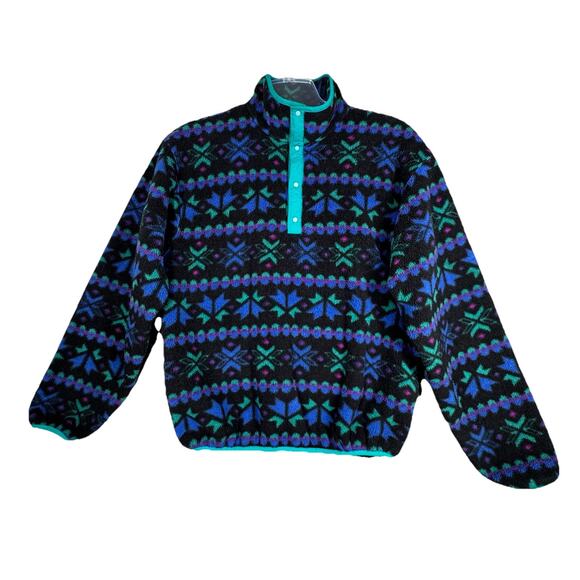 LL Bean Shirt Mens Medium Blue Green Fair Isle‎ Snap Fleece Retro Vintage 90s - Picture 1 of 11